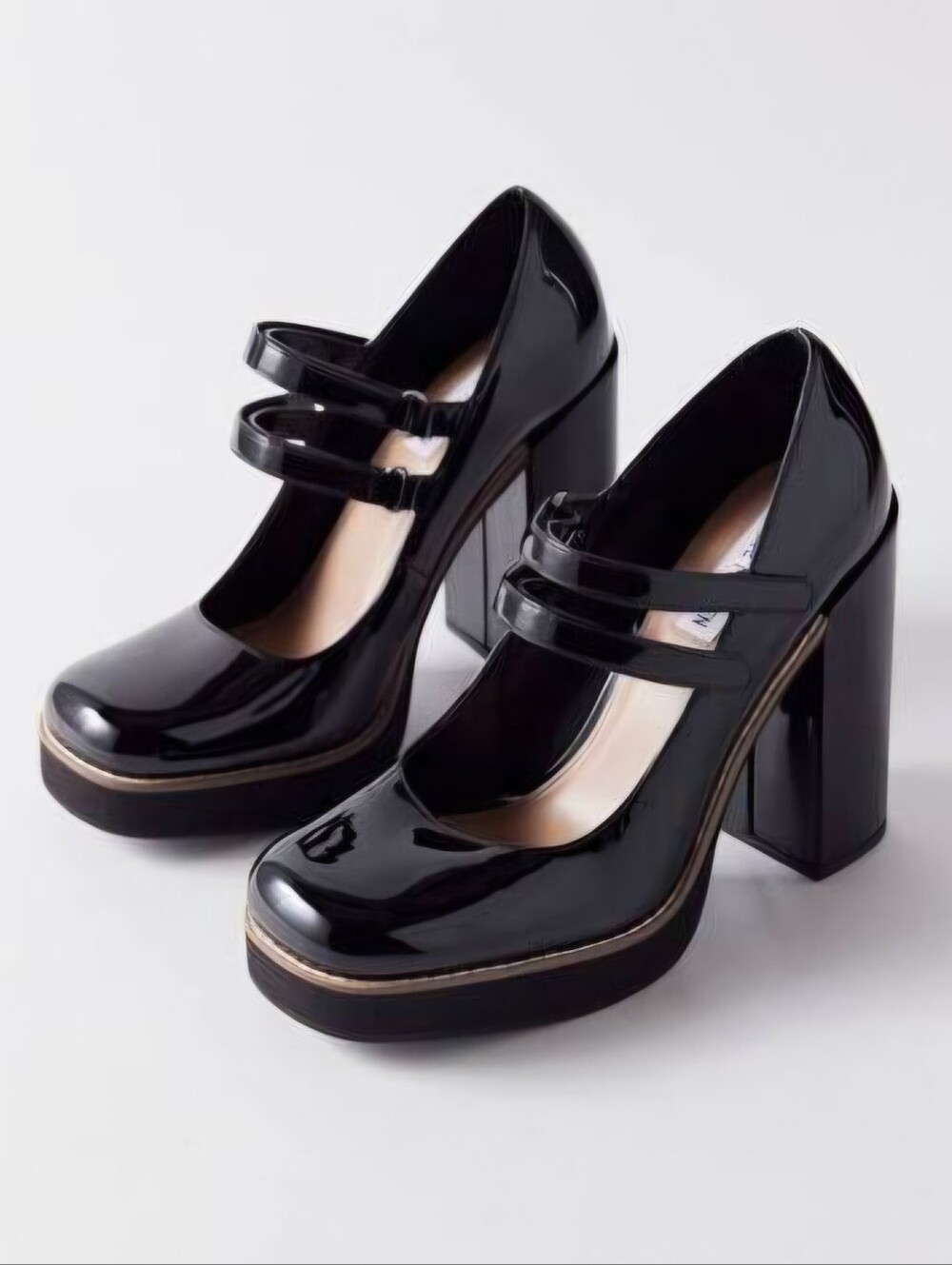 Steve Madden Black Patent Double-Strap Block Heel Pumps